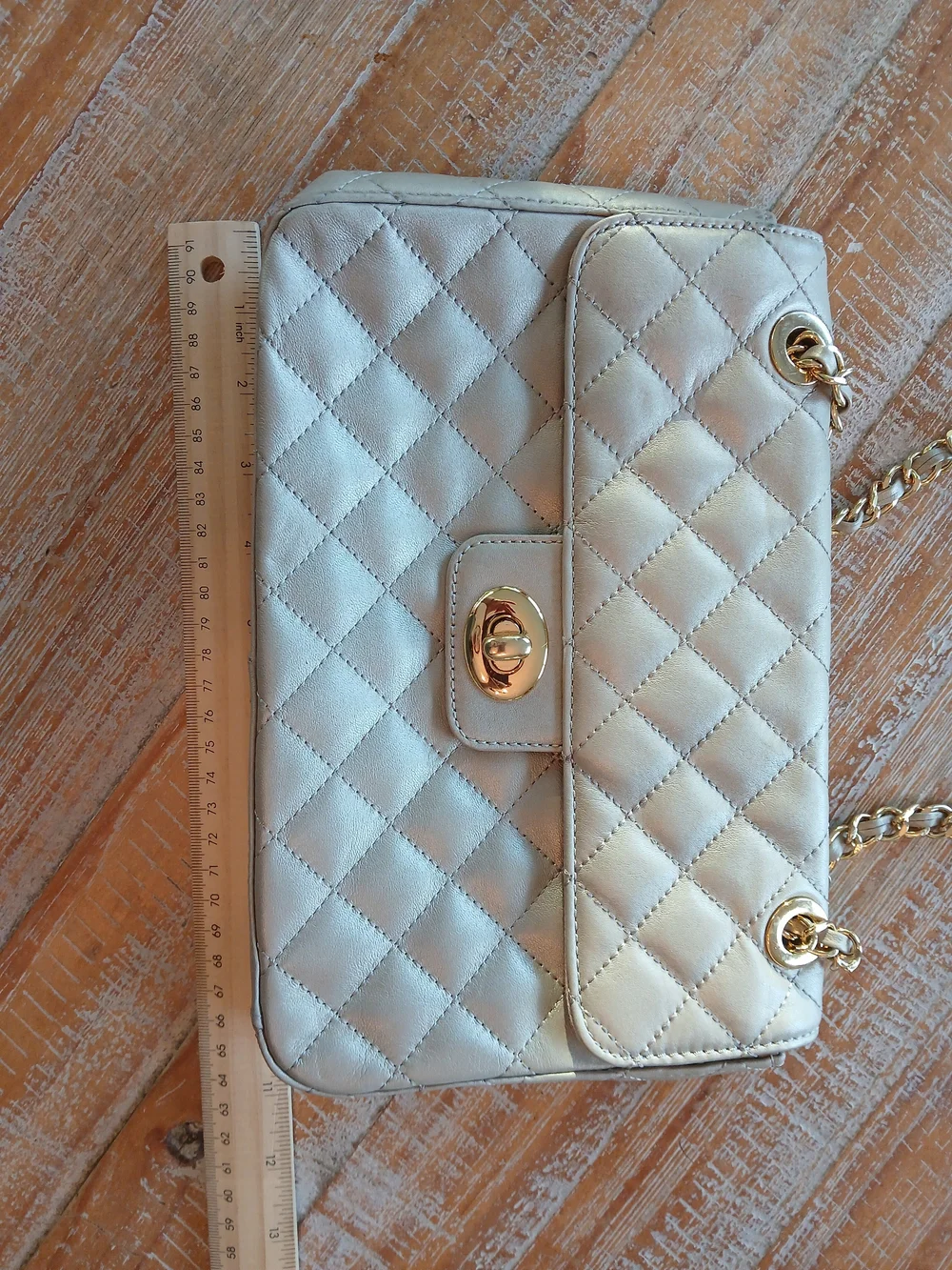 Kate Landry Quilted Champagne Metallic Shoulder Bag with Chain Strap